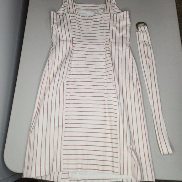 Luxury TOMMY HILFIGER Belted Button Front Red Striped Flare Dress Size 8 - Picture 3 of 9